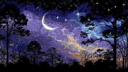 Silhouettes of trees under a night sky with a crescent moon.