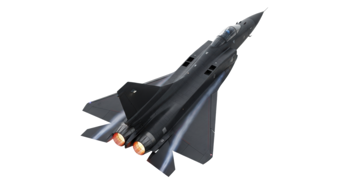 A state-of-the-art matte black delta-wing military jet, afterburners blazing with orange and blue plumes, ascending steeply against a transparent background with copy space. Concept of
