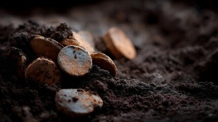 Broken pottery fragments and old coins in the soil archaeological explo n scene