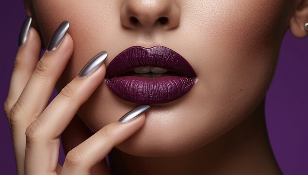 Close-up of lips painted in matte dark purple lipstick, gently touched by fingers with long metallic silver nails. perfect for premium stock use in makeup, accessories, and luxury design.