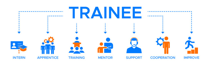 Trainee banner web icon vector illustration concept for internship training and learning program apprenticeship with an icon of intern, apprentice, training, mentor, support, cooperation and improve.