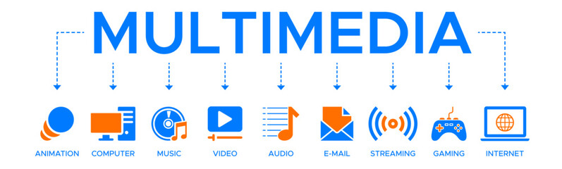 Multimedia banner web icon vector illustration concept with icon of animation, computer, music, video, audio, e-mail, streaming, gaming and internet.