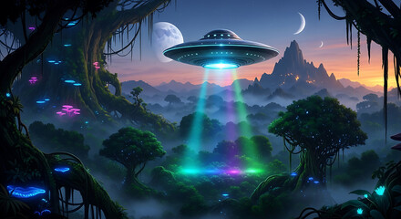 Otherworldly UFO Beaming Over Mystical Bioluminescent Alien Forest at Dusk.