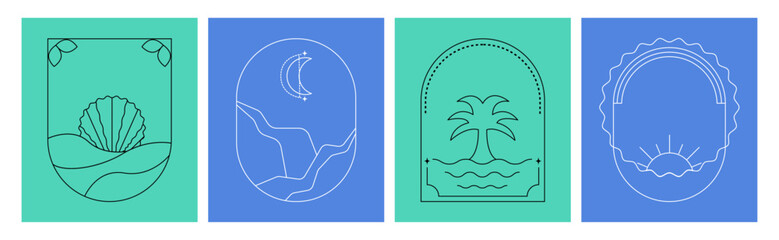 Set of oval boho frame with wave, beach, sun, sea and ocean for logo or icon. Minimal shell and palm line art summer design for vacation, travel, resort or spa set.
