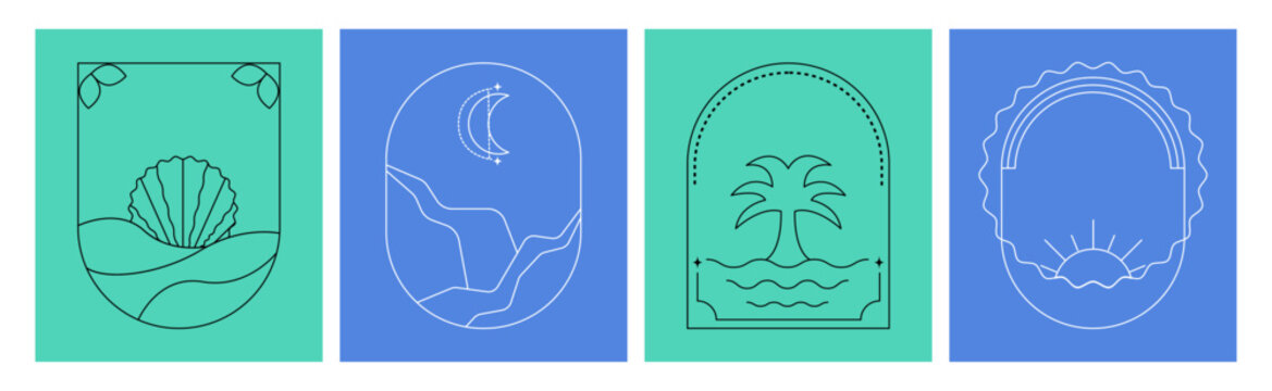 Set of oval boho frame with wave, beach, sun, sea and ocean for logo or icon. Minimal shell and palm line art summer design for vacation, travel, resort or spa set.