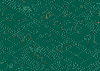 Isometric Sports Field Vector Pattern. Abstract illustration with different courts and strategy lines for various sports like soccer, basketball, and athletics. Perfect for sports, tactics, and games 