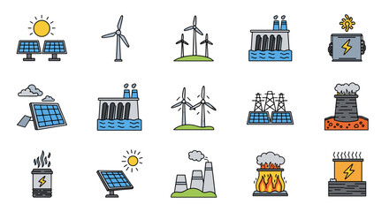 Various sources of energy generation in cartoon style icons