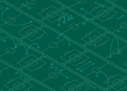 Isometric Soccer Field Vector Pattern. Seamless background with soccer fields and strategy lines, representing game tactics and player movements. Ideal for football and sports themes.