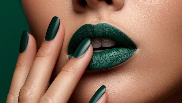 Close-up of lips painted in matte dark green lipstick, paired with matching glossy green nails. perfect for premium stock use in makeup, accessories, and conceptual design.