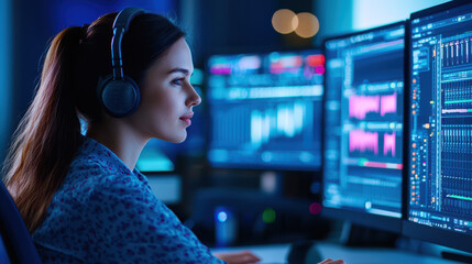 Focused woman wearing headphones works on audio editing in modern studio, surrounded by multiple computer screens displaying sound waves and data