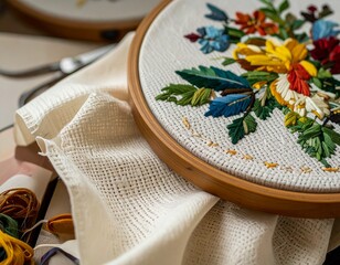 Close-Up of Cross-Stitch Embroidery on Fabric with Hoop
