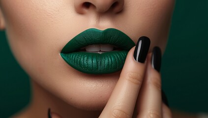 Matte Green Lipstick and Glossy Black Nails. Close-up of lips painted in matte green lipstick, gently touched by fingers with glossy black nail polish