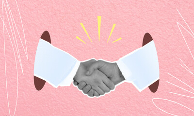 Modern halftone pop art collage. Handshake of businessmen. Trendy design with positive subtext. Concept of help, support and agreement.