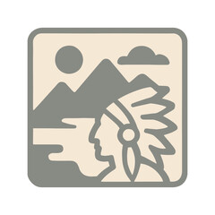 Native American Inspired Artwork with Mountains Sun and Profile of Person Wearing Feathered Headdress