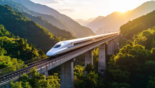 High-Speed Train on Viaduct Amidst Lush Green Mountains at Sunset