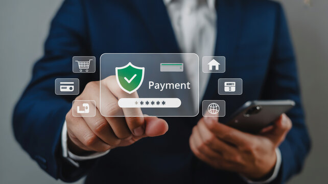 Person in blue suit using smartphone with digital payment interface and icons online transaction mobile banking