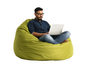 Comfortable workspace in a cozy bean bag chair for remote work on a transparent background, cut out.