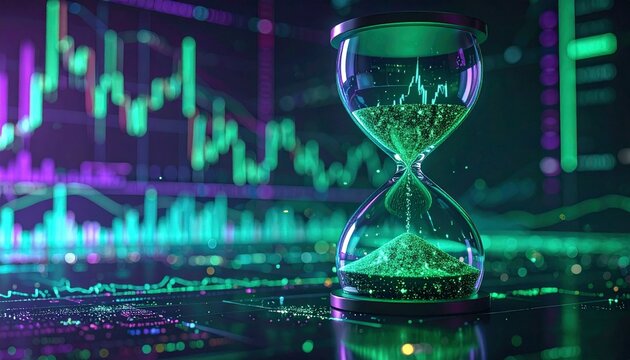Hourglass with Green Sand and Stock Market Chart Background in Neon Colors