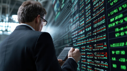 Businessman analyzes data on digital screen, showcasing financial information and stock market trends. atmosphere is focused and professional