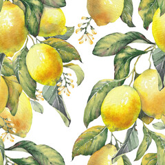 Lemon fruit branches background. Seamless pattern inspired by the timeless Mediterranean aesthetic of the Amalfi Coast. Perfect for summer-themed prints, packaging, textiles, kitchen decor, and