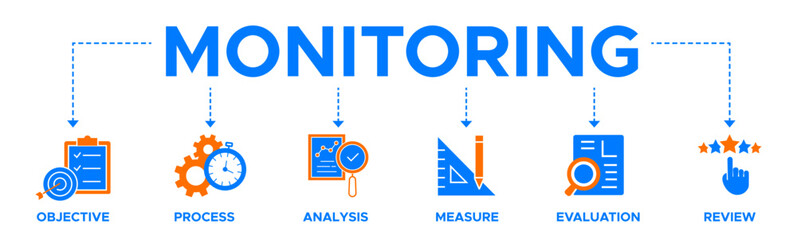 Monitoring banner web icon vector illustration. concept with icon of objective, process, analysis, measuring, evaluation and review.