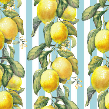 Lemon fruit branch on a classic blue striped background. Seamless pattern inspired by the timeless Mediterranean aesthetic of the Amalfi Coast. Perfect for summer-themed prints, packaging, textiles