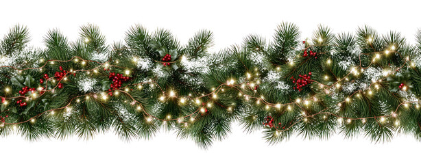 Festive Christmas Garland with Pine Branches, Red Berries, and String Lights