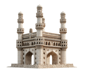 Heritage architecture of Charminar monument in Hyderabad India on a transparent background, cut out.