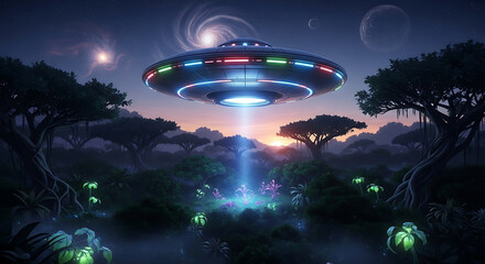 Illuminated UFO Hovering Above Alien Landscape at Dusk, Galactic Encounter Scene.