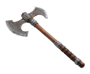 Decorative battle axe with intricate carvings and wooden handle on a transparent background, cut out.