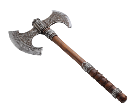 Decorative battle axe with intricate carvings and wooden handle on a transparent background, cut out. - Powered by Adobe