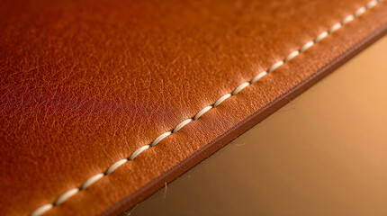 Close-up macro shot of rich brown leather with detailed texture and visible white stitching along the edge.