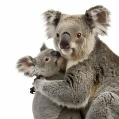 Naklejka premium Embrace of Koala Family: A tender portrayal of a koala family embracing, their soft grey fur and affectionate interaction conveying a deep sense of kinship and care. 