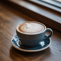 Illustration of a delicious cappuccino with latte art sits on a wooden table near a window in a cafe