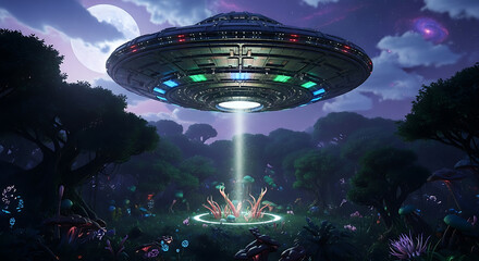 Ethereal UFO Abduction Beam Illuminates Mysterious Forest Clearing with Silhouetted Figures.