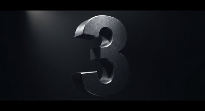 Dramatic, metallic number three. Dark, industrial countdown