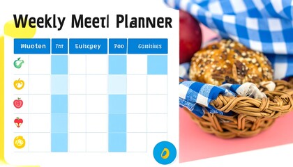 Weekly planner with food icons and a basket of bread on a pink background