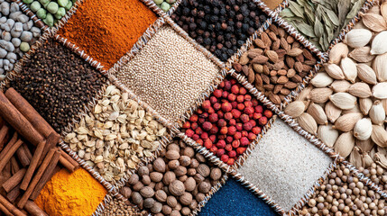 Vibrant assortment of spices and herbs arranged in grid pattern, showcasing various textures and colors, creating visually appealing display