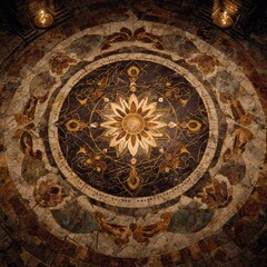 Fototapeta premium Solar mandala design at the center of a temple floor, ritualistic atmosphere, earthy tones