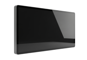 Futuristic digital display frame with matte dark charcoal grey bezel, deep black screen, rectangular, isolated on transparent background, copy space, sleek technology concept