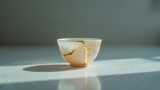 Kintsugi cup representing Resilient Mind with golden cracks embodying a resilient spirit