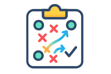 Conceptual strategy plan on clipboard with arrows and marks strategic operations chart