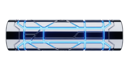 A horizontal, cylindrical, mirror-finish chrome alloy log segment with intricate neon blue glowing etched lines, isolated on a transparent background, sleek futurism and advanced technology concept