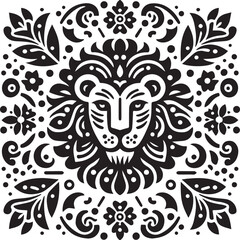 Stylized Leo Zodiac Sign in Folk Art Style with Floral Elements, a Celestial Design