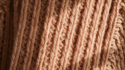 Detailed close-up of a cozy, chunky knit sweater in a warm brown hue, showcasing intricate vertical ribbed texture and soft fibers.