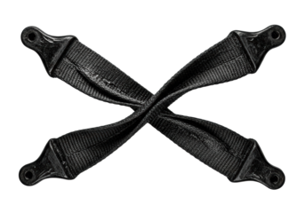 Long, heavy, oil-stained black industrial webbing, rigid with angular twists, showing wear and grime, isolated on a transparent studio background with strong shadows, concept of mechanical stress and