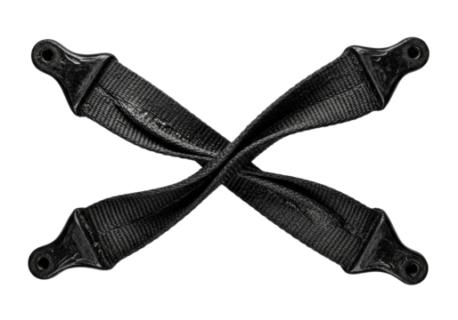 Long, heavy, oil-stained black industrial webbing, rigid with angular twists, showing wear and grime, isolated on a transparent studio background with strong shadows, concept of mechanical stress and