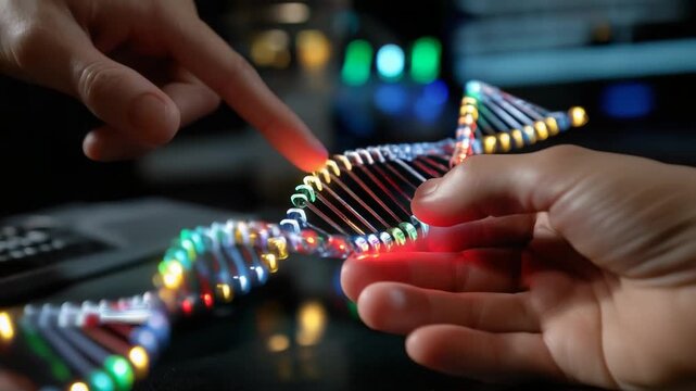 Close-up of hands pointing at DNA mutation hotspots