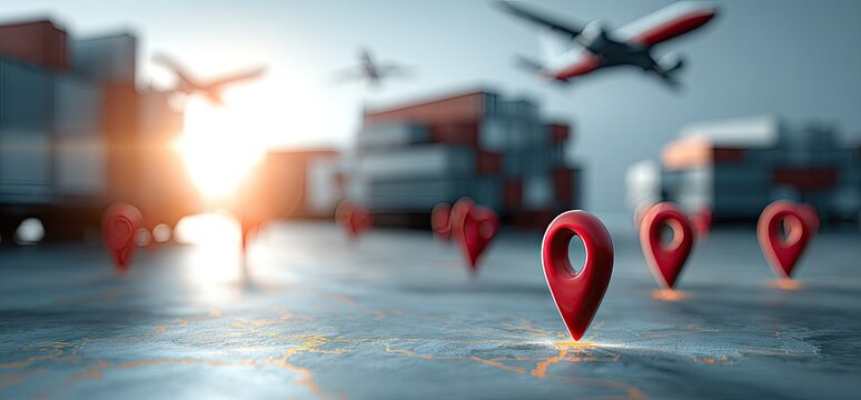 Global shipping concept location pins, planes, containers, and trucks, sunlight