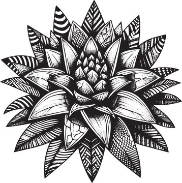 Monochrome bromeliad floral illustration, vector zentangle art style, ornamental isolated cutout